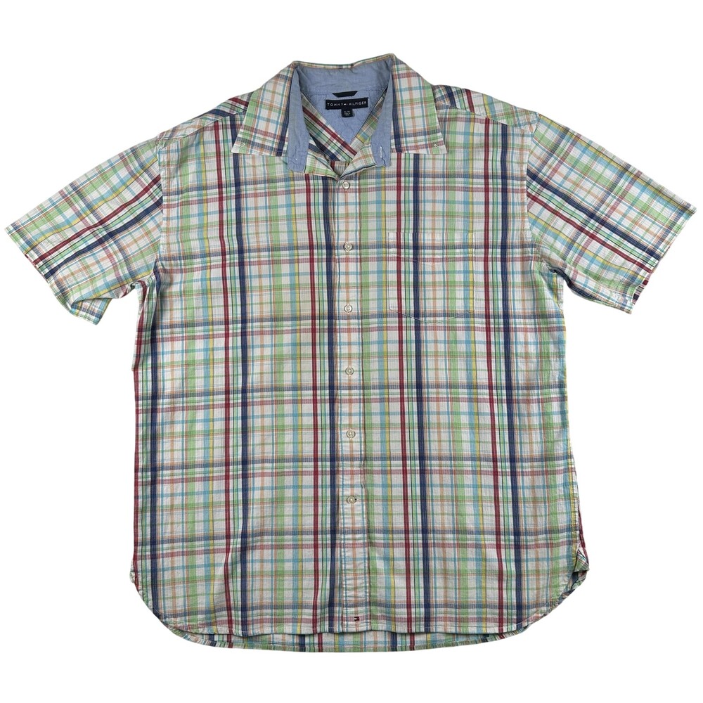 Tommy Hilfiger Shirt Mens XL Madras Plaid Short Sleeve Button Up Seersucker 90s